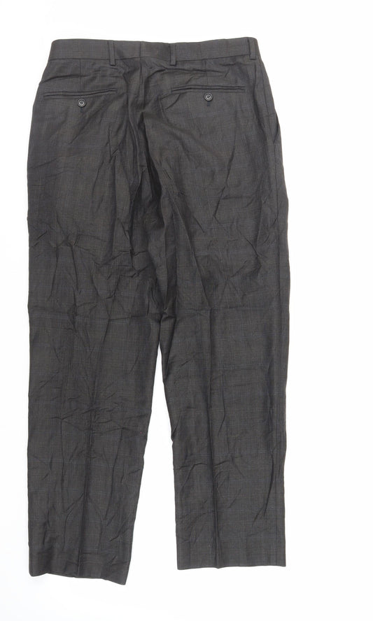 Marks and Spencer Mens Grey Plaid Wool Dress Pants Trousers Size 32 in L29 in Regular Zip