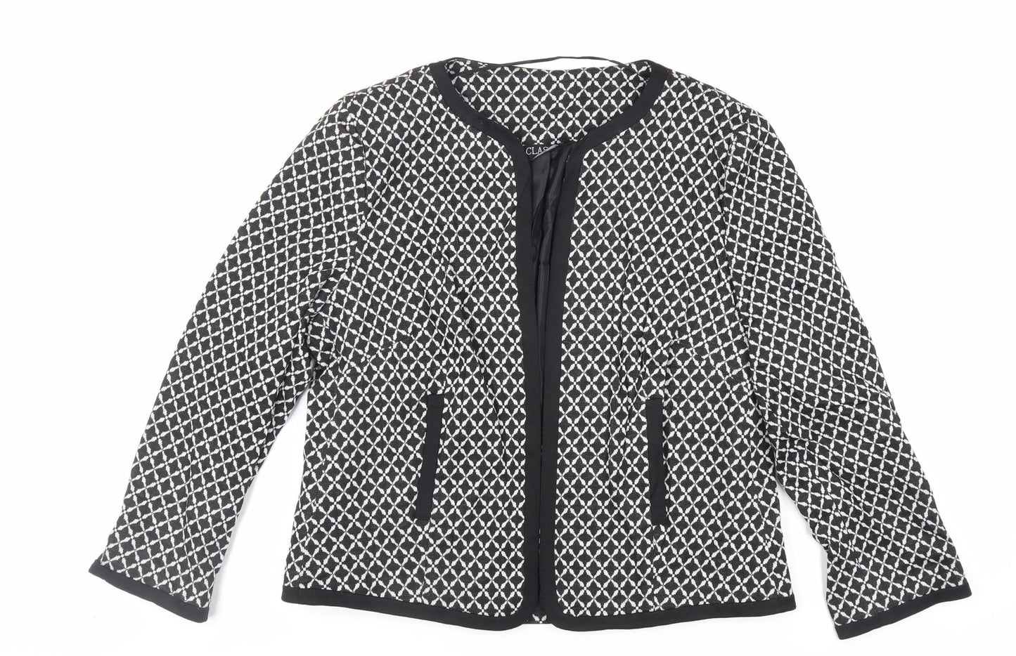 Classic Womens Black Geometric Jacket Blazer Size 16 - Open