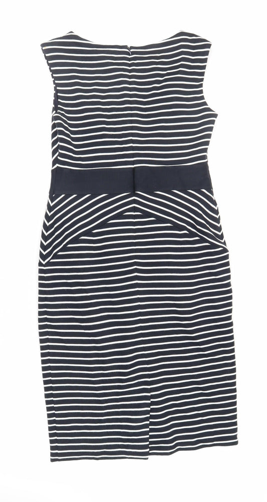Marks and Spencer Womens Blue Striped Acrylic Pencil Dress Size 12 Boat Neck Zip - Lined