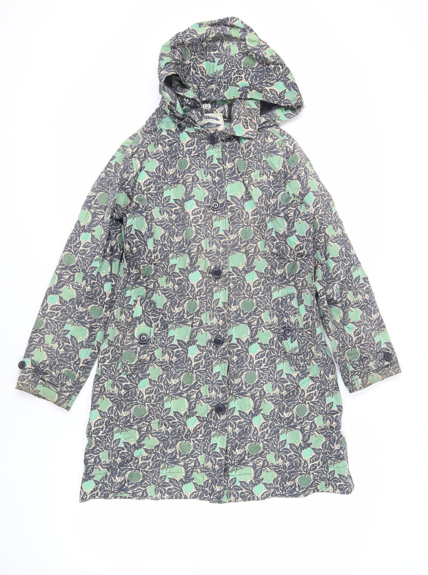 Tin cloth Womens Blue Geometric Rain Coat Coat Size 12 Zip - Hooded