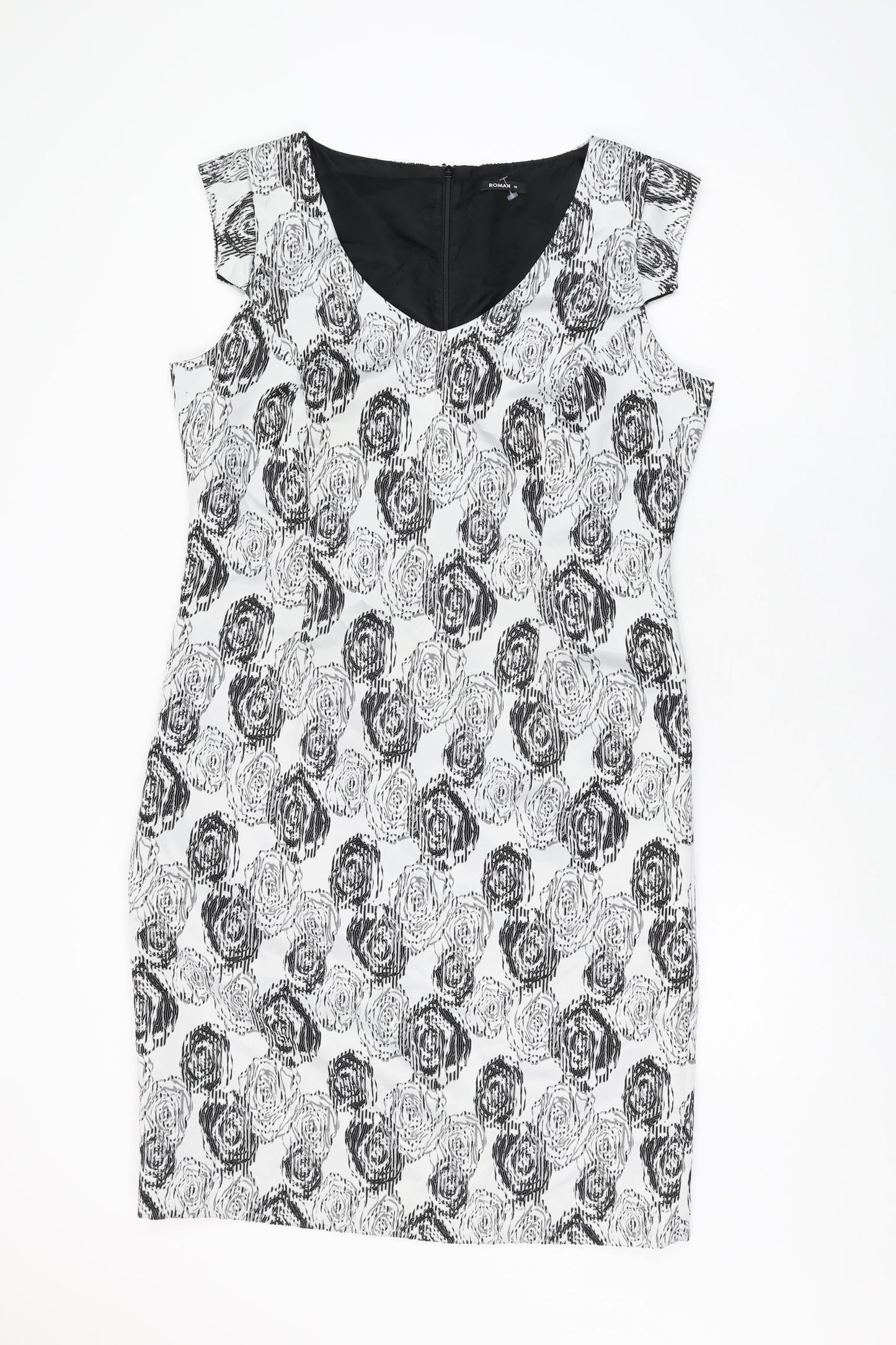Roman Womens White Geometric Polyester Bodycon Size 16 V-Neck Zip
