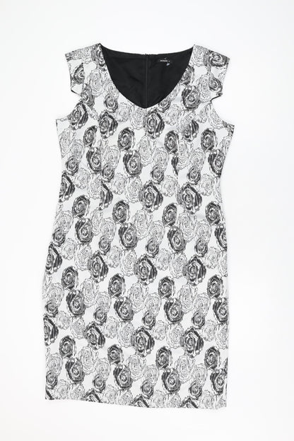 Roman Womens White Geometric Polyester Bodycon Size 16 V-Neck Zip