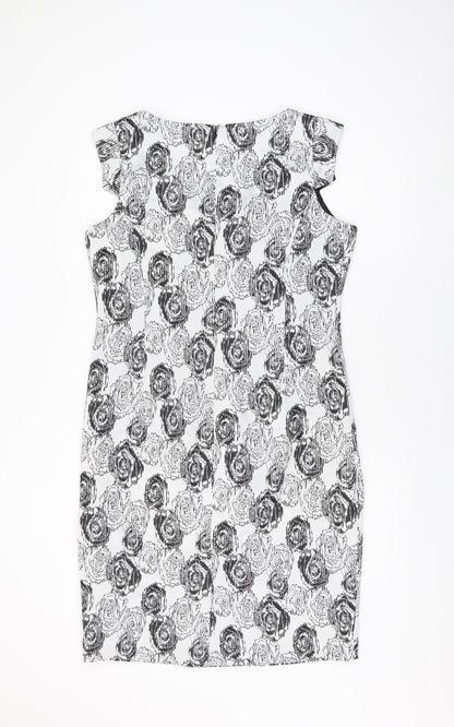 Roman Womens White Geometric Polyester Bodycon Size 16 V-Neck Zip