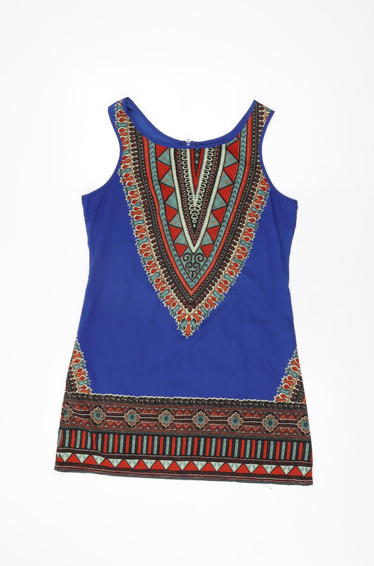 Band of Gypsies Womens Blue Geometric Polyester Shift Size M Round Neck Zip
