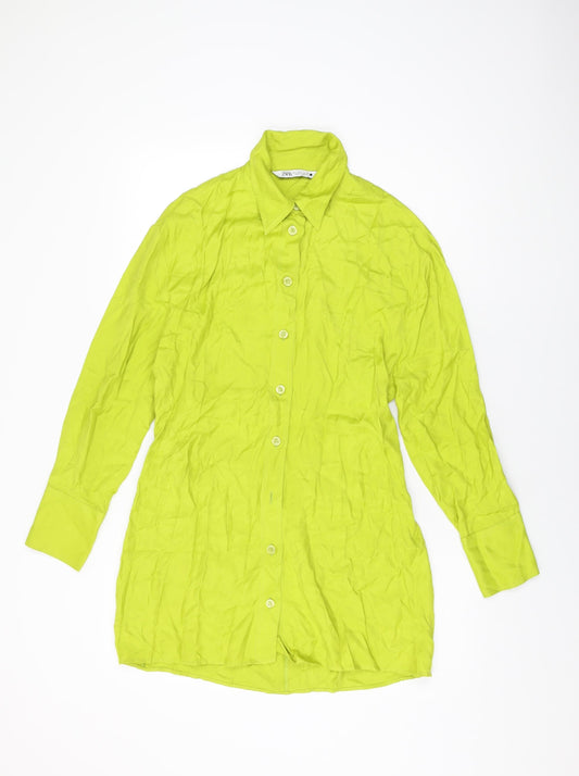 Zara Womens Green Viscose Shirt Dress Size L Collared Button