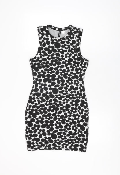 H&M Womens White Floral Polyester Bodycon Size S Round Neck Pullover