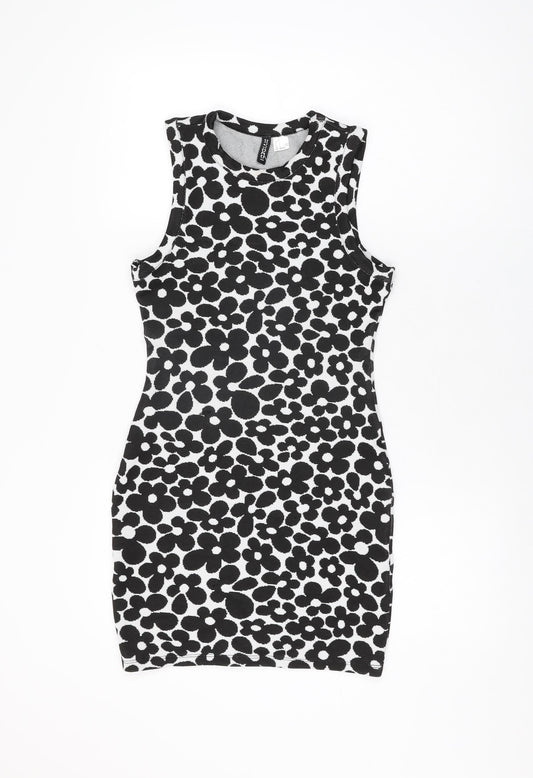 H&M Womens White Floral Polyester Bodycon Size S Round Neck Pullover