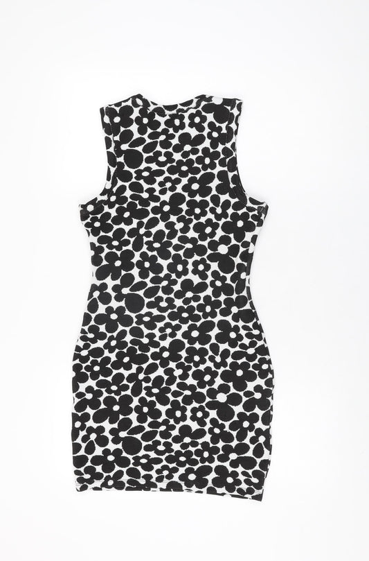 H&M Womens White Floral Polyester Bodycon Size S Round Neck Pullover