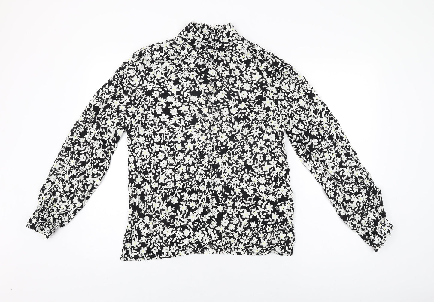 John Lewis Womens Black Floral Viscose Basic Button-Up Size 12 Round Neck