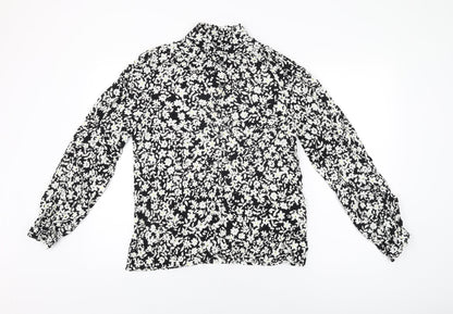 John Lewis Womens Black Floral Viscose Basic Button-Up Size 12 Round Neck