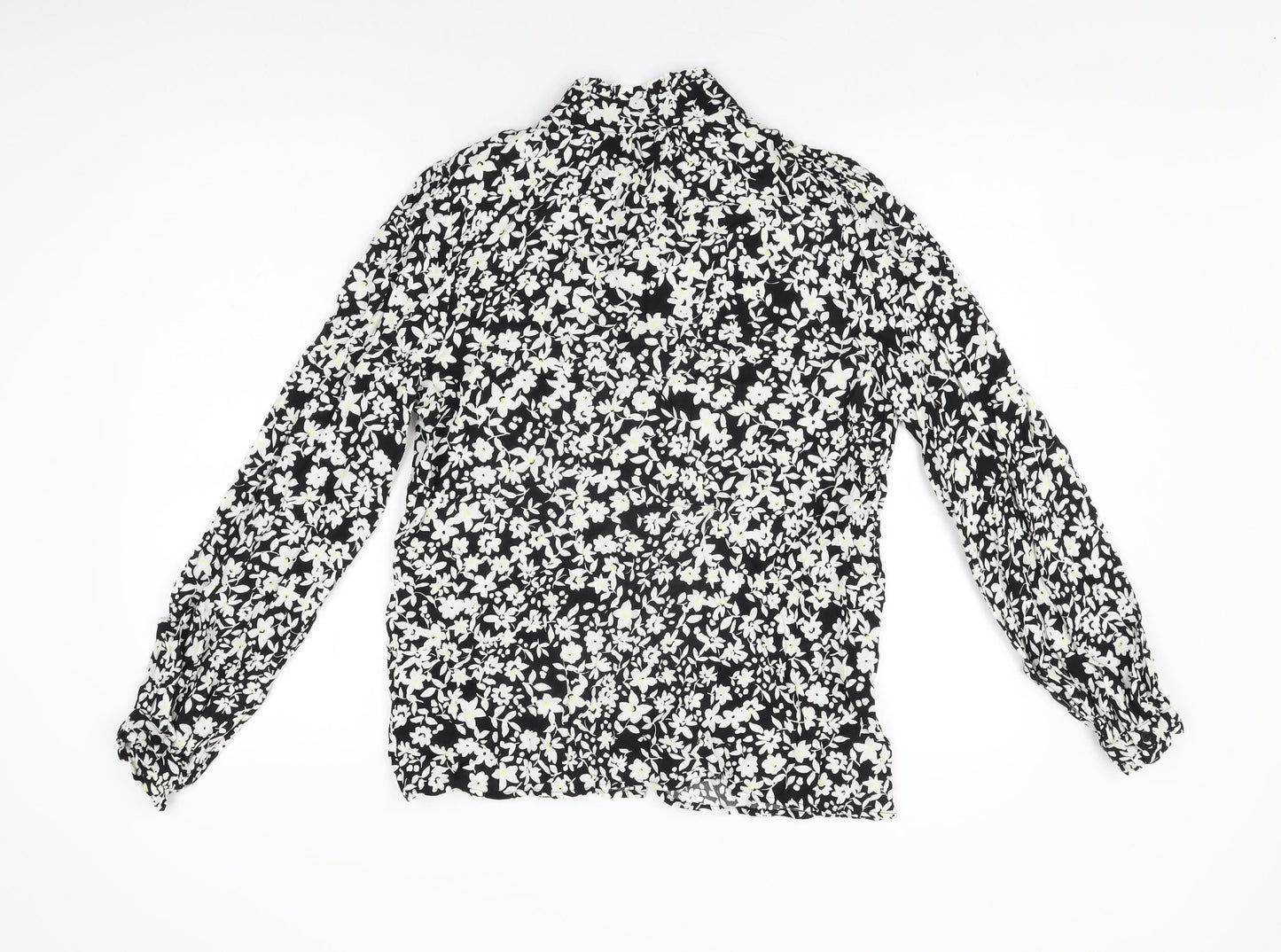 John Lewis Womens Black Floral Viscose Basic Button-Up Size 12 Round Neck