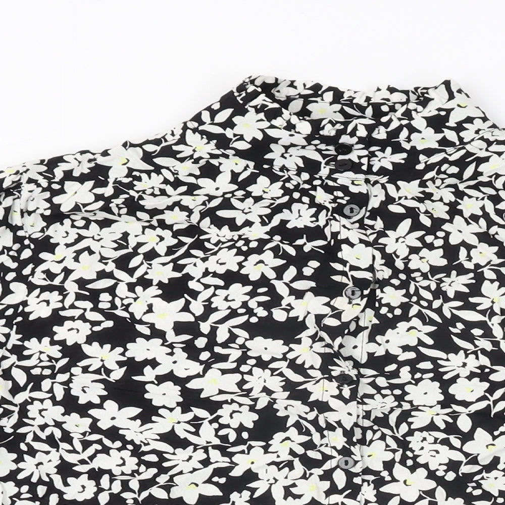 John Lewis Womens Black Floral Viscose Basic Button-Up Size 12 Round Neck