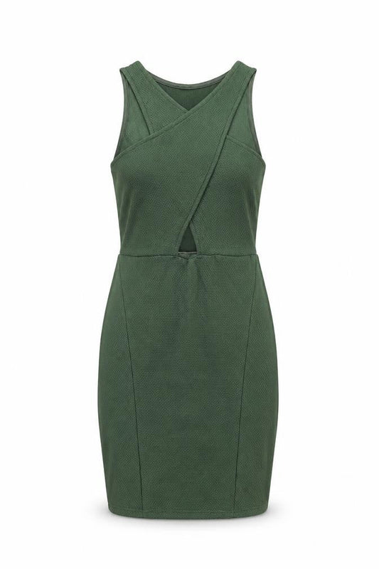 Front view of Miss Selfridge women’s green polyester bodycon, size UK 8, v-neck pullover