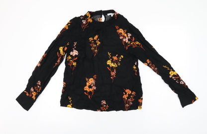 Warehouse Womens Black Floral Viscose Basic T-Shirt Size 10 Round Neck