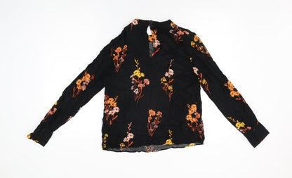 Warehouse Womens Black Floral Viscose Basic T-Shirt Size 10 Round Neck