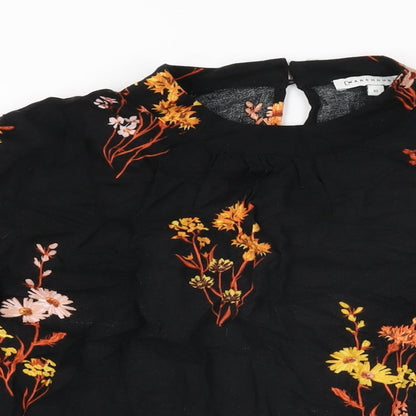 Warehouse Womens Black Floral Viscose Basic T-Shirt Size 10 Round Neck