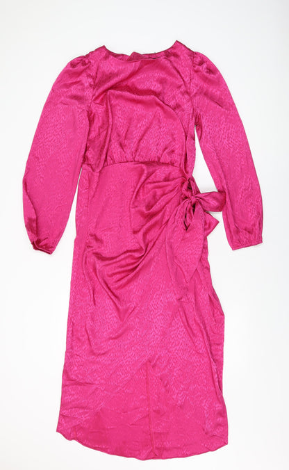 New Look Womens Pink Geometric Polyester Wrap Dress Size 12 Round Neck Tie