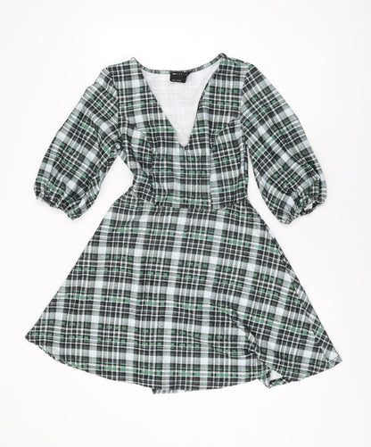 ASOS Womens Green Geometric Polyester Skater Dress Size 8 V-Neck Pullover