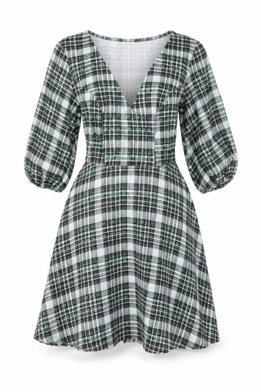 Front view of ASOS women’s green geometric polyester skater dress, size UK 8, v-neck pullover