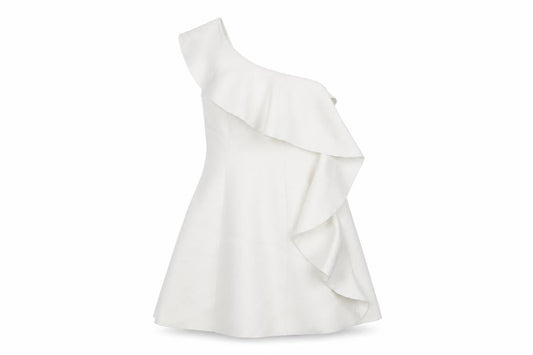 Front view of ASOS women’s white polyester skater dress, size UK 10, one shoulder zip