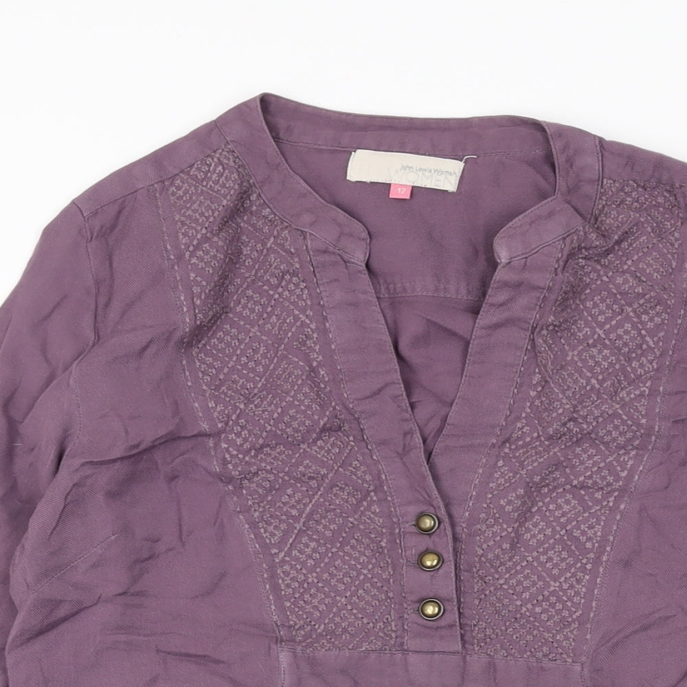 John Lewis Womens Purple Cotton Shift Size 12 V-Neck Button
