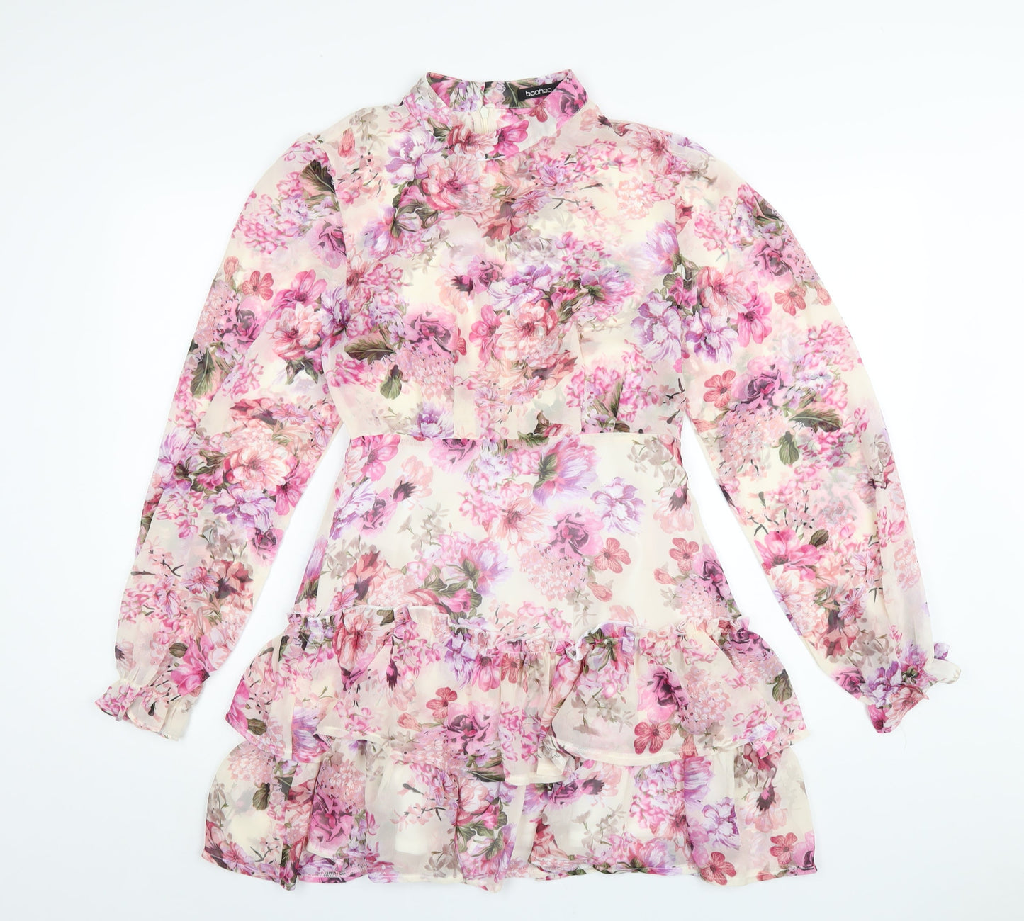 Boohoo Womens Pink Floral Polyester A-Line Size 10 Round Neck Zip