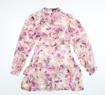 Boohoo Womens Pink Floral Polyester A-Line Size 10 Round Neck Zip