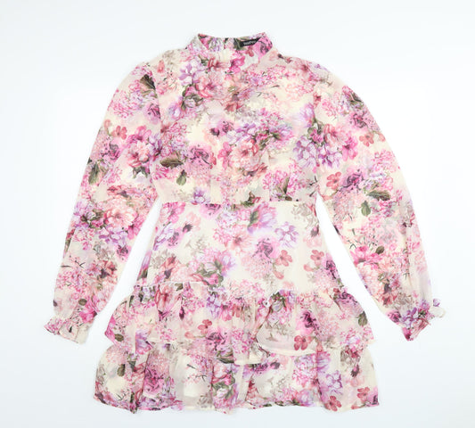 Boohoo Womens Pink Floral Polyester A-Line Size 10 Round Neck Zip