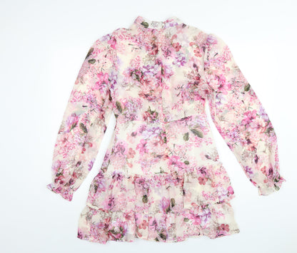 Boohoo Womens Pink Floral Polyester A-Line Size 10 Round Neck Zip