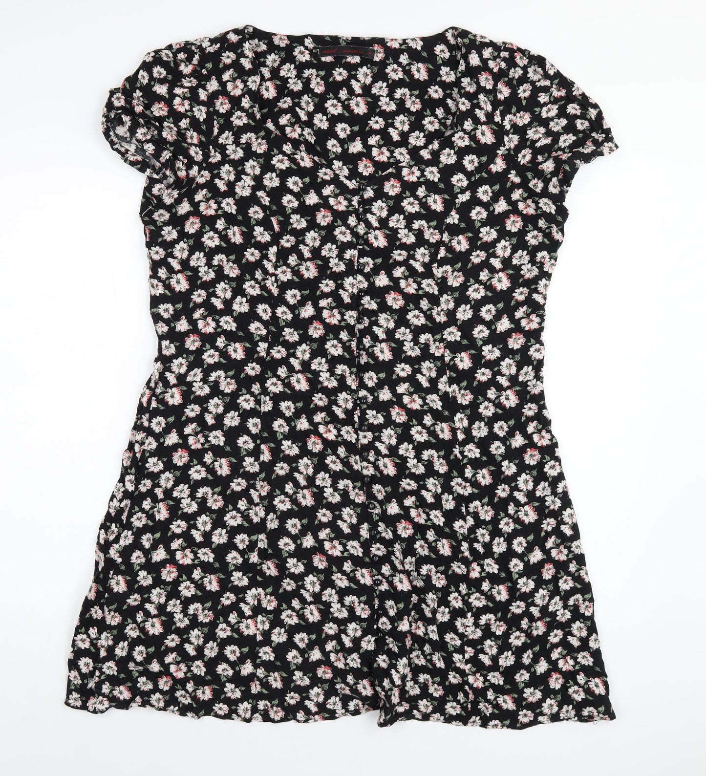 NEXT Womens Black Floral Viscose A-Line Size 16 V-Neck Button