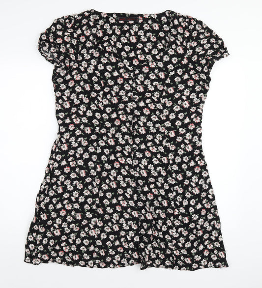 NEXT Womens Black Floral Viscose A-Line Size 16 V-Neck Button