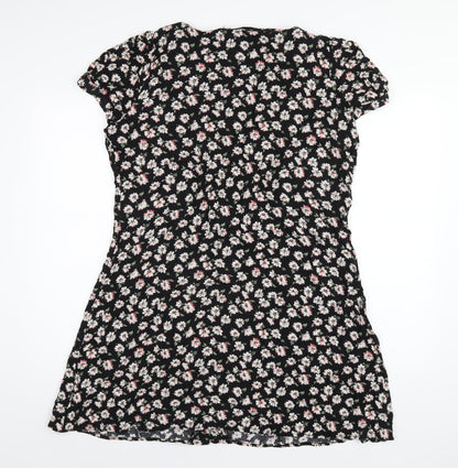 NEXT Womens Black Floral Viscose A-Line Size 16 V-Neck Button