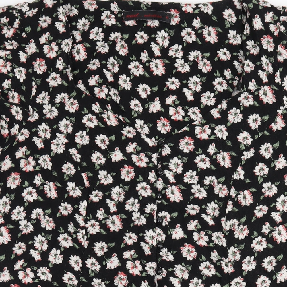 NEXT Womens Black Floral Viscose A-Line Size 16 V-Neck Button