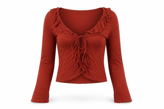 Front view of ASOS women’s orange viscose cropped blouse, size UK 8, v-neck
