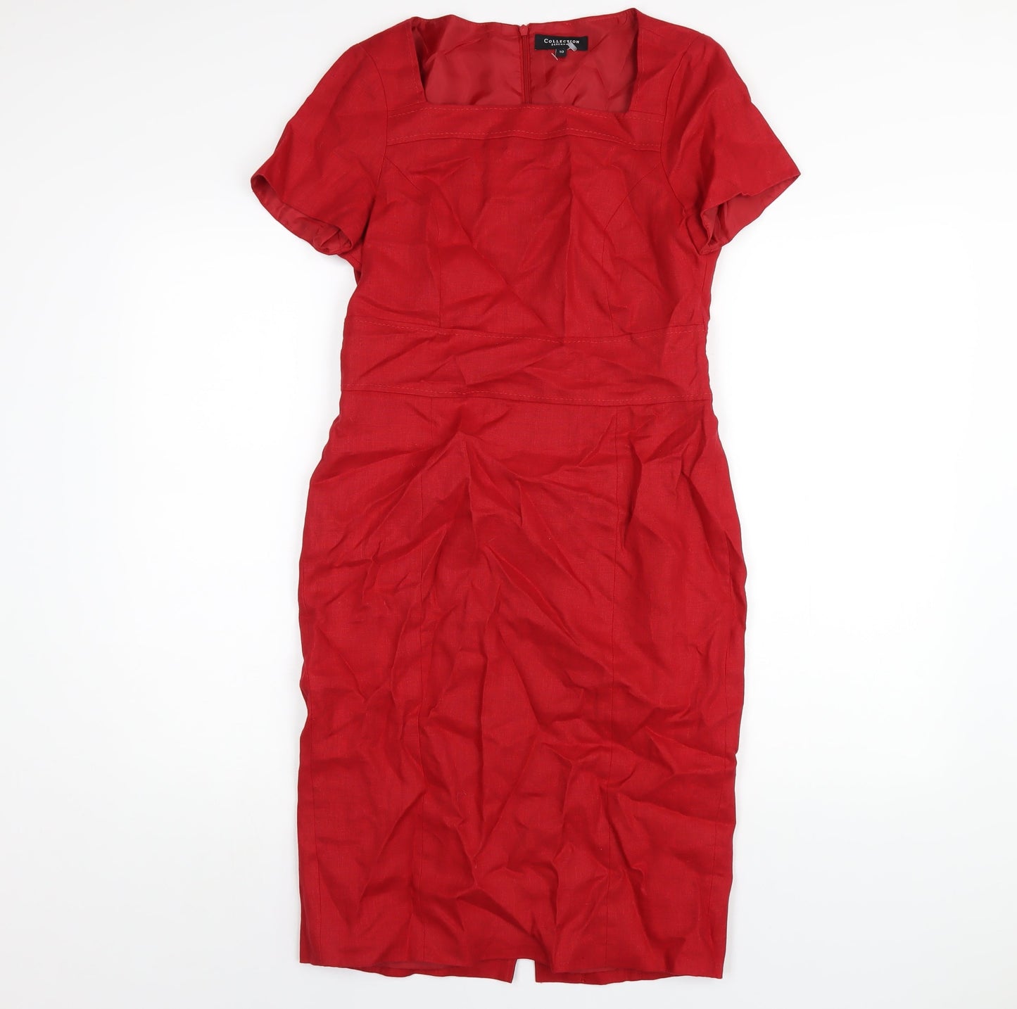 Debenhams Womens Red Linen Pencil Dress Size 10 Square Neck Zip