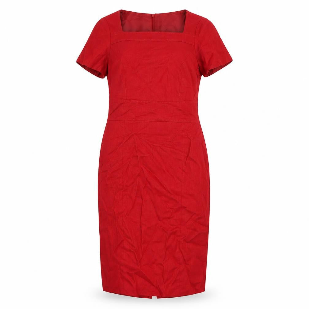 Debenhams Womens Red Linen Pencil Dress Size 10 Square Neck Zip