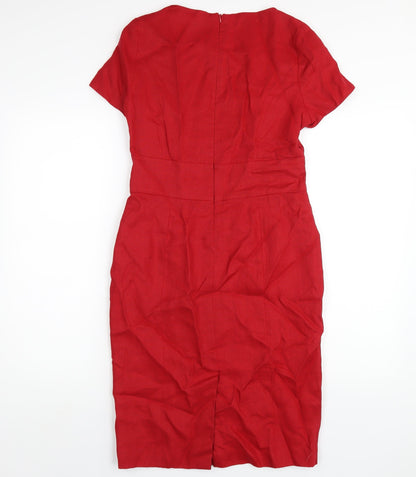 Debenhams Womens Red Linen Pencil Dress Size 10 Square Neck Zip