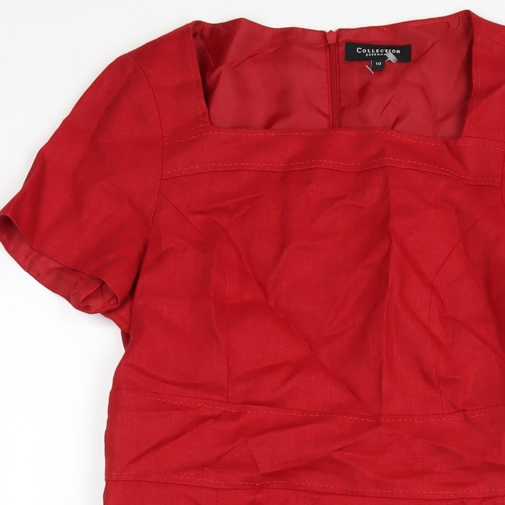 Debenhams Womens Red Linen Pencil Dress Size 10 Square Neck Zip