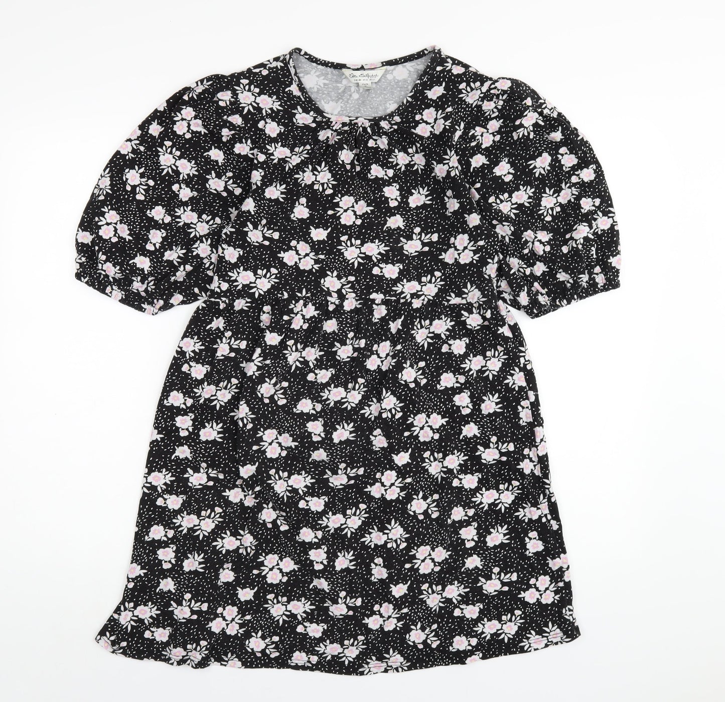 Miss Selfridge Womens Black Floral Cotton A-Line Size 12 Round Neck Pullover