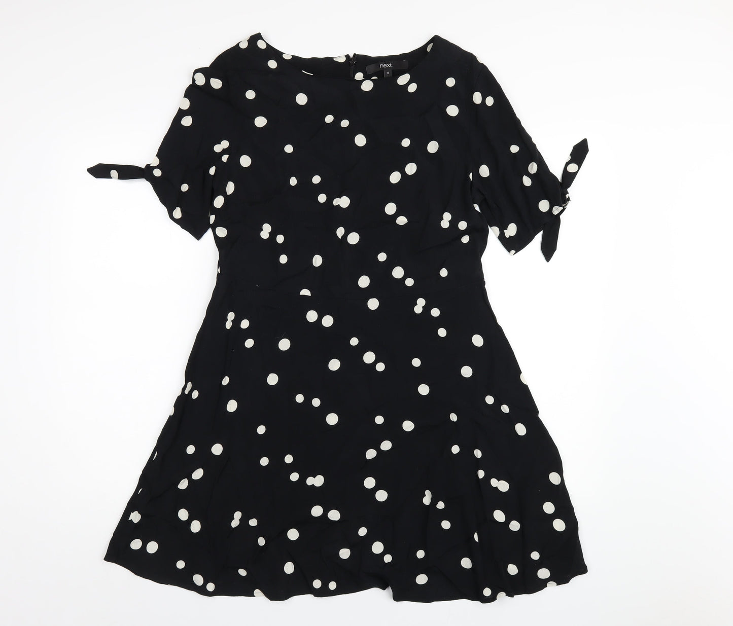 NEXT Womens Black Polka Dot Viscose A-Line Size 12 Round Neck Zip