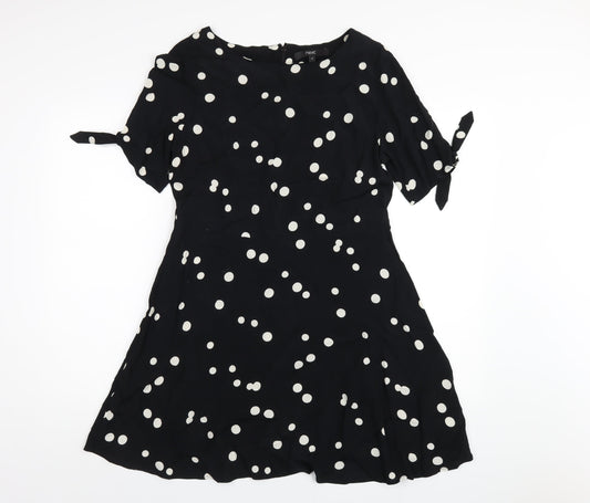 NEXT Womens Black Polka Dot Viscose A-Line Size 12 Round Neck Zip