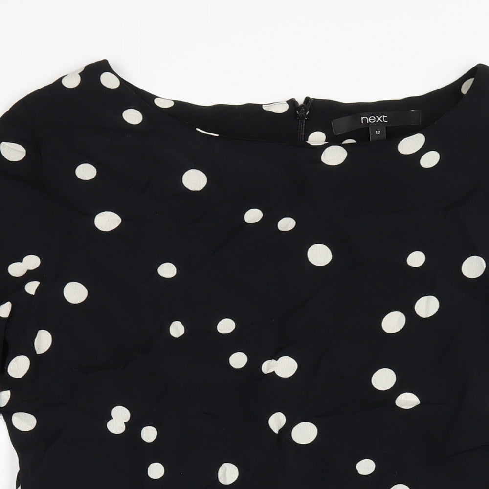 NEXT Womens Black Polka Dot Viscose A-Line Size 12 Round Neck Zip