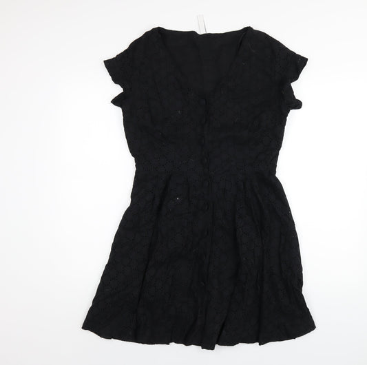 Henry Holland Womens Black Cotton A-Line Size 12 V-Neck Button