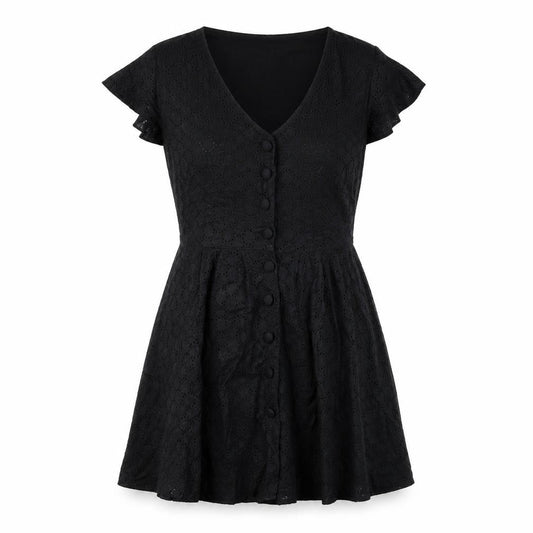 Front view of Henry Holland women’s black cotton a-line, size UK 12, v-neck button