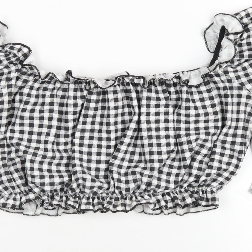 PRETTYLITTLETHING Womens Black Check Polyester Cropped T-Shirt Size 10 Off the Shoulder