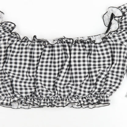 PRETTYLITTLETHING Womens Black Check Polyester Cropped T-Shirt Size 10 Off the Shoulder