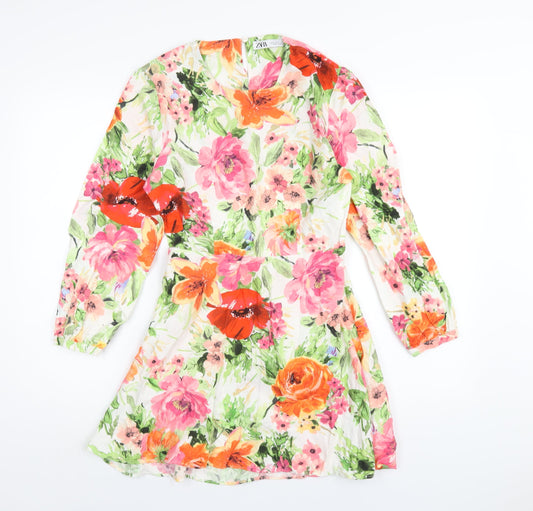 Zara Womens Multicoloured Floral Linen A-Line Size S Round Neck Zip