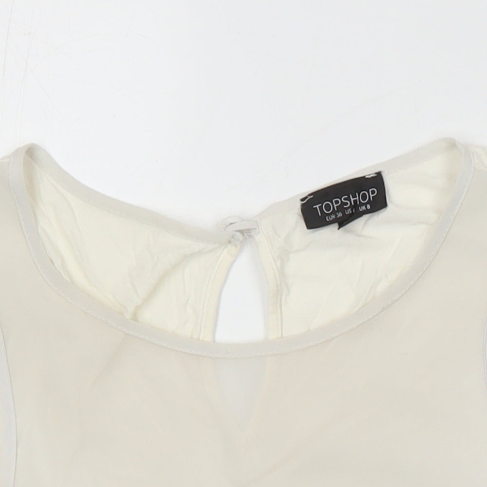 Topshop Womens Ivory Herringbone Polyester Blend Tunic Blouse Size 8 Round Neck - Scalloped hem