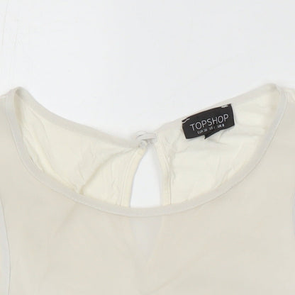 Topshop Womens Ivory Herringbone Polyester Blend Tunic Blouse Size 8 Round Neck - Scalloped hem