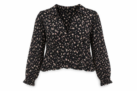 Front view of ASOS women’s multicoloured floral viscose tunic blouse, size UK 18, collared